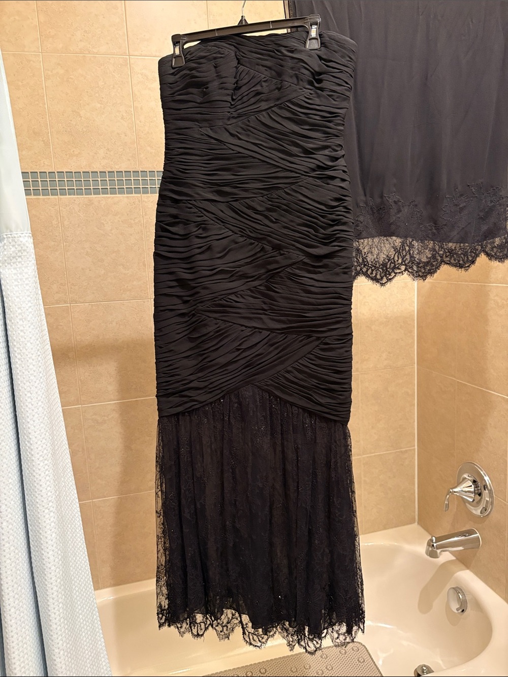 Carmen Marc Valvo  Ruched Lace Hem Evening Dress with matching shawl lace trim